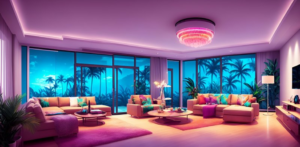 a decorated room with lots of bright lights